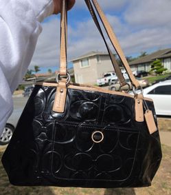 Coach Peyton Leather Kiss-Lock Tote F25487 Brown Tan Trim Rare