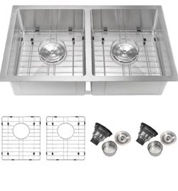 Rhbamoa RV Double Sink,27" Undermount Double Kitchen Sink 50/50 Stainless Steel Kitchen Sinks for RV,Outdoor Sinks with Brushed Finish (27'' X 16'' X