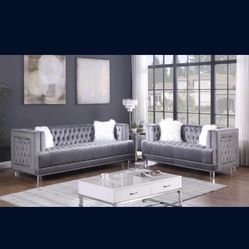 Lovely Modern Grey Velevet 2pc Sofa &  Love Seat $1300 Chair $679