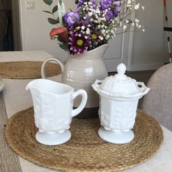 Glass creamer, pitcher, and sugar bowl