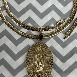 cuban chain with Virgin Mary pendant 14k premium gold plated