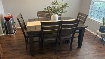 Modern Dark Wood Dining Table Set – 6 Chairs + Bench – Excellent Condition
