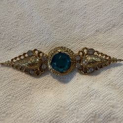 Vintage MJ ENT Aqua Blue Glass Stone Brooch – Ornate Gold Filigree Design