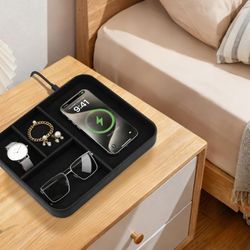 Gifts for Christmas Bedside Organiser-Faux Leather Valet Tray With Wireless Charger