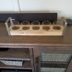 wooden candle holder with metal handles
