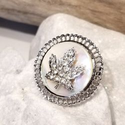 Vintage Mother Of Pearl Rhinestone Maple Leaf Pin