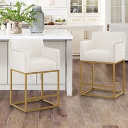 2X Beige 26” fabric barstools with gold legs