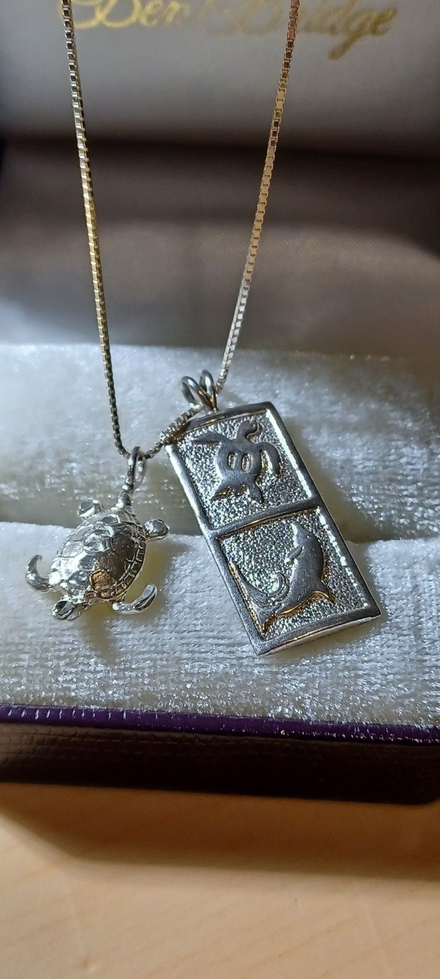 Vintage Sterling Silver Dolphin & Turtle Pendants & Necklace