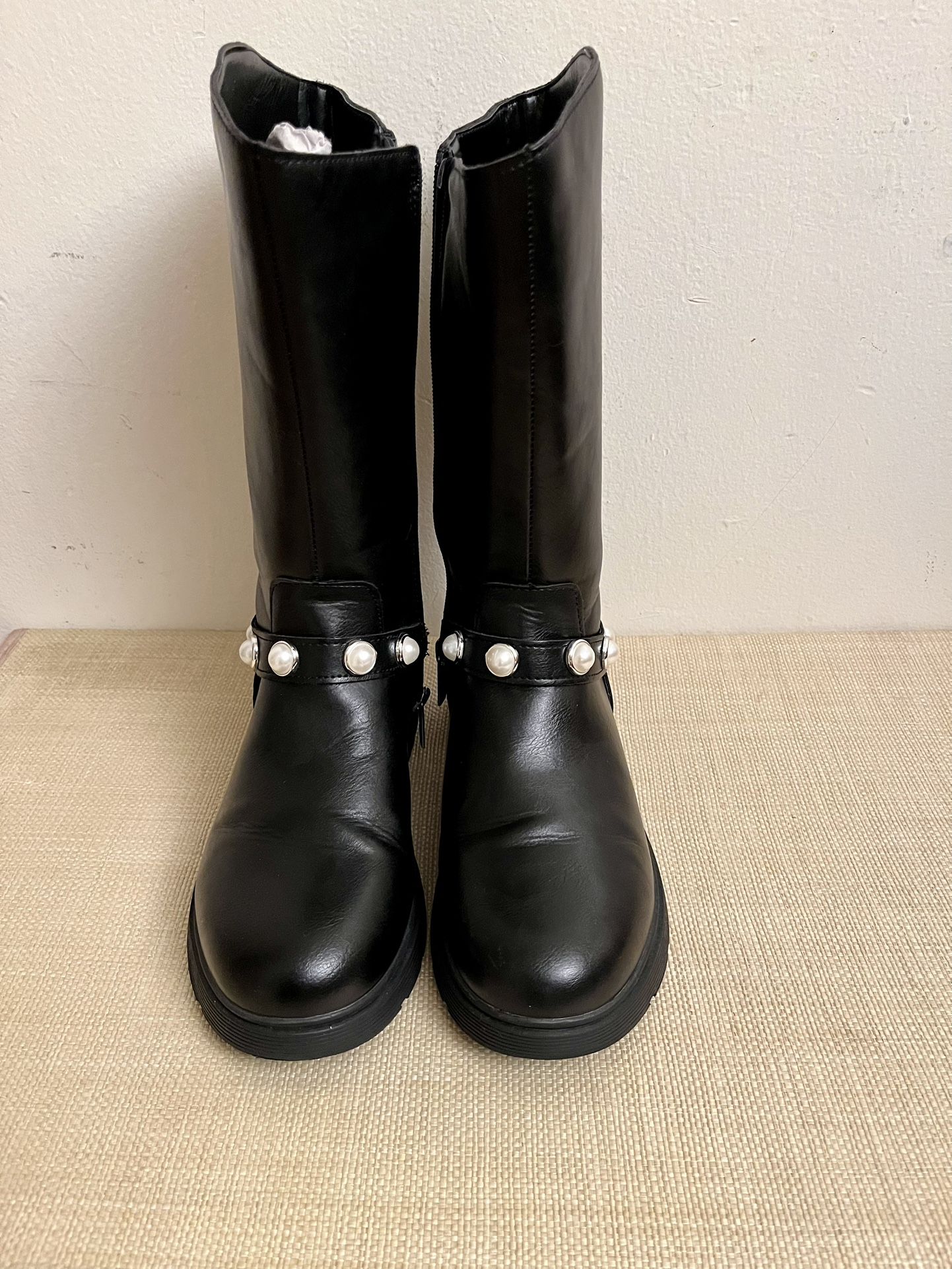 Big Girls Marc Fisher Black Poppy Pearl Knee High Boots Size 5 Faux Leather