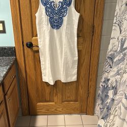 Talbots Blue And White Embroidered Dress