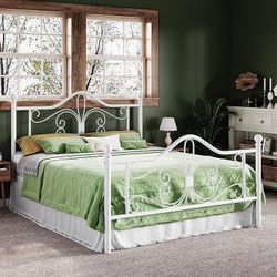 Queen Size Bed Frame with Headboard,Metal Bed Frame with Butterfly Pattern Design Headboard & Footboard,No Box Spring Needed,Easy Assembly,White