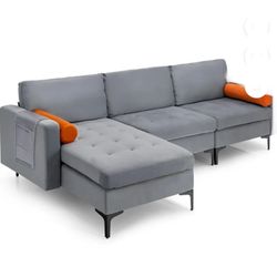 Costway Modular L-shaped Sectional Sofa with Reversible Chaise & 2 USB Ports Ash Grey