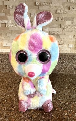  9” tall  TY Beanie Boos - BLOOMY the Rainbow Bunny with Glitter Eyes, ears, feet, and paws. More Below