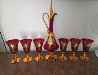 Vintage Genuine Murano Tre Fuochi 6 Glasses and Pitcher Set. Hand Painted over 24K Gold