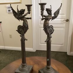 Two Dramatic Sexy Angel Bronze Candleholders 24” 