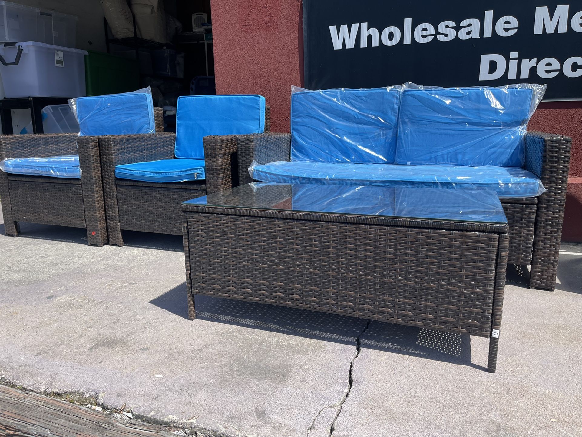 Outdoor Furniture Set New Assembled Blue Cushions 