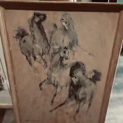 Framed Vintage Denis V Holeget Running Horse / Equestrian Print measuring 22.5" x 29.5" (frame)