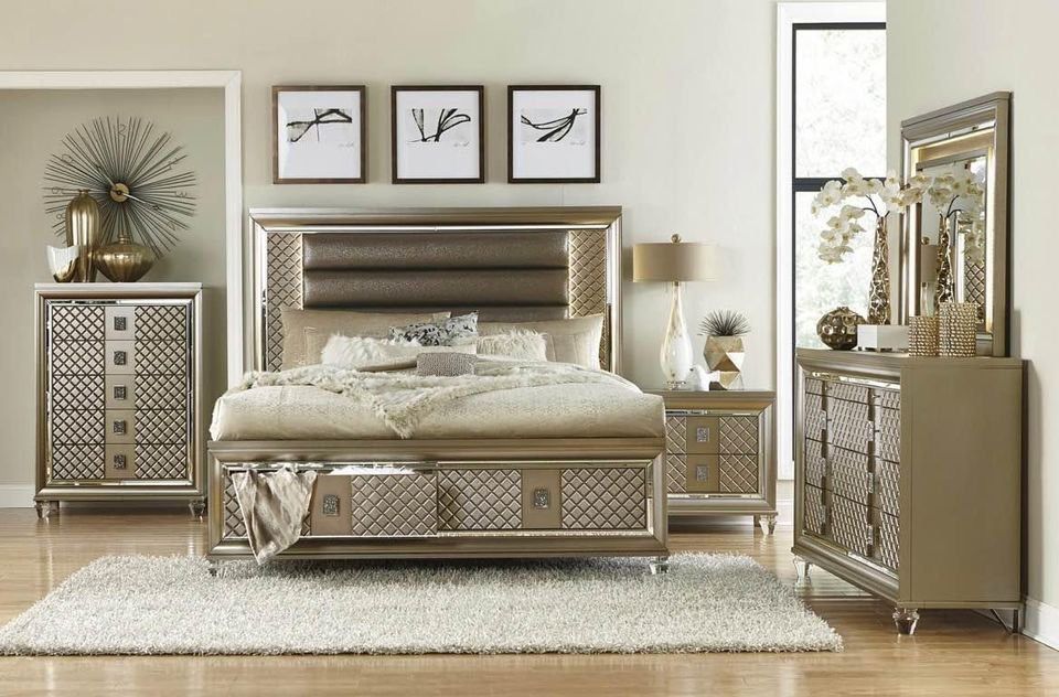 Elegant Silver Bedroom Ensemble with Geometric Mirrored Accents and Plush Upholstery