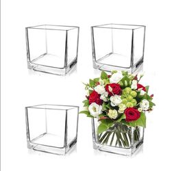 Set of 4 Square Glass Vases 5" x5" x 5", Clear Cube Flower Vases for Wedding Centerpieces, Candle Holders for Home Decor Party Events Ceremony