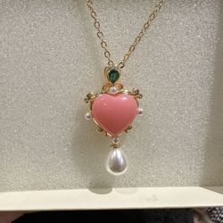 2023 Women Pink Heart Porcelain Pearl Pendant Charm Necklace Gold Chain (Retail $200)
