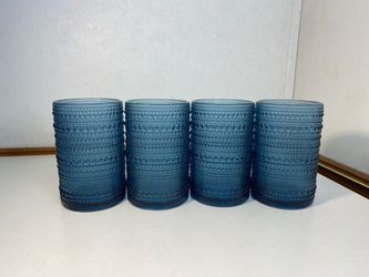 12oz Green Blue Highball Glasses, Set of 4, Thick Beaded Textured Glass