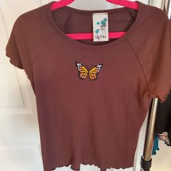 Brown Tshirt with Butterfly Kids Girls Size L
