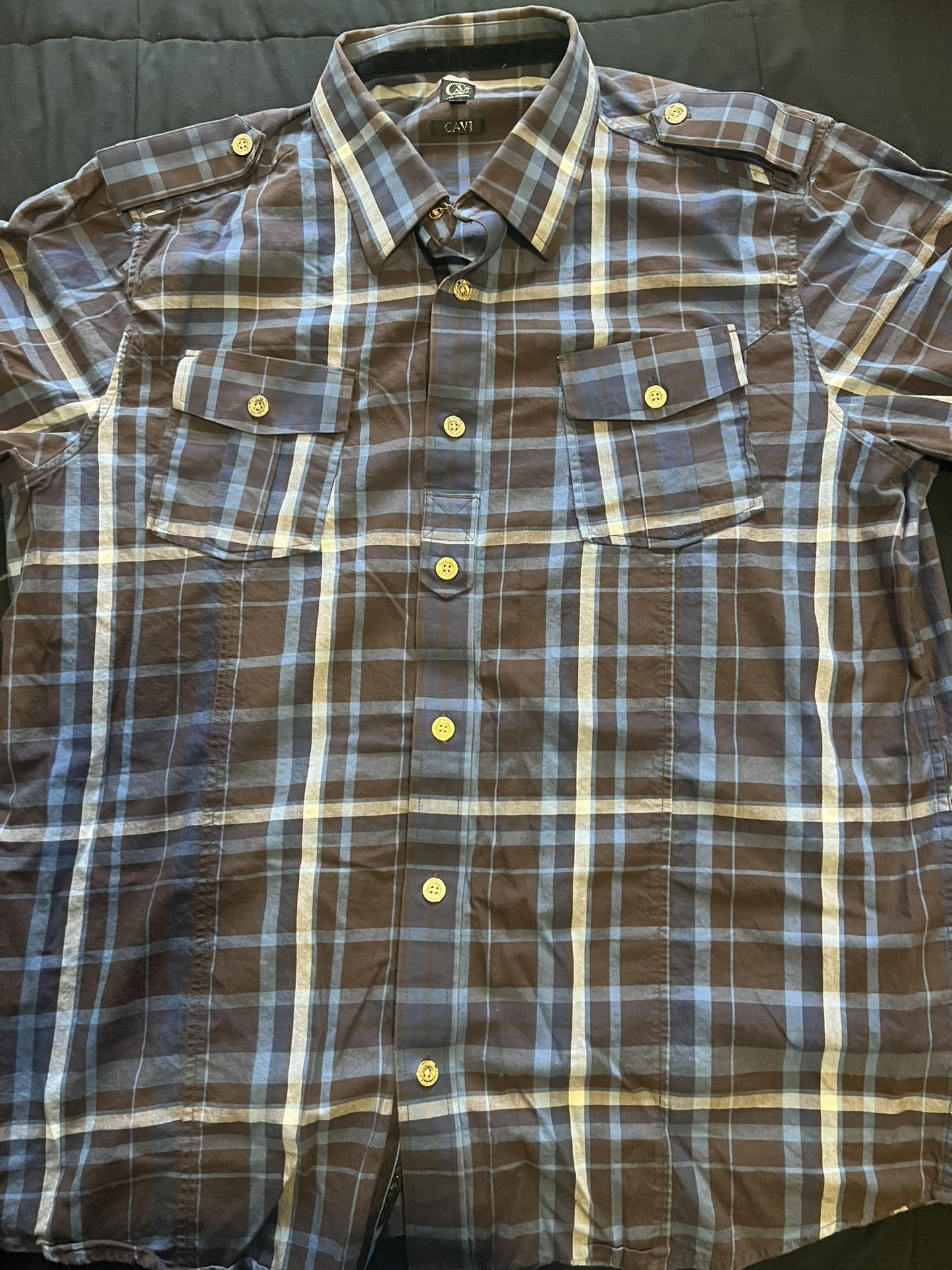 Cavi 3XL Black Blue Gray  Plaid Long-Sleeve Cotton  Metal Buttons Down