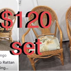 $120 Set of Two Vintage Rattan Wicker Chairs with cushions. Like New 