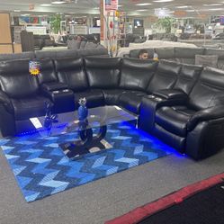 Black Power Reclining Sectional With LED Lighting 