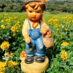 Japan 1950s Hummel Style Boy With Basket Figurine, 5.5”