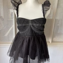 Women’s Pilcro Anthropologie Black Tulle Babydoll Top