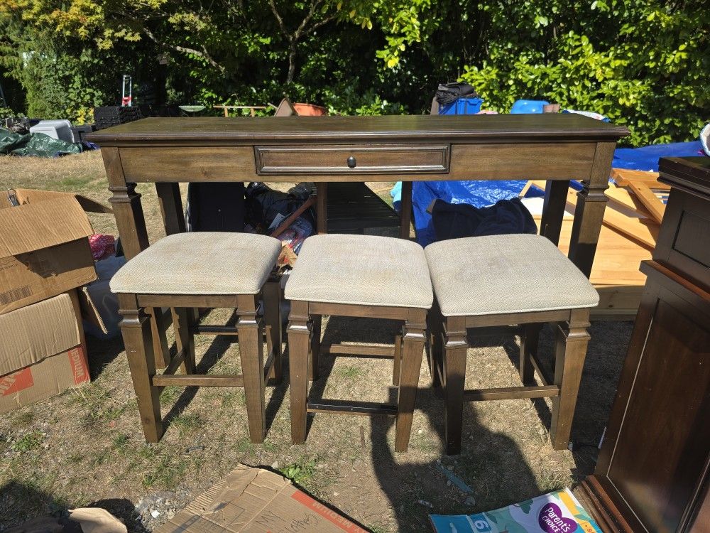 Countertop Height Long Wood Table With 3 Stools