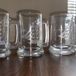Set Of 4 Vintage Etched Glass Beer Mugs