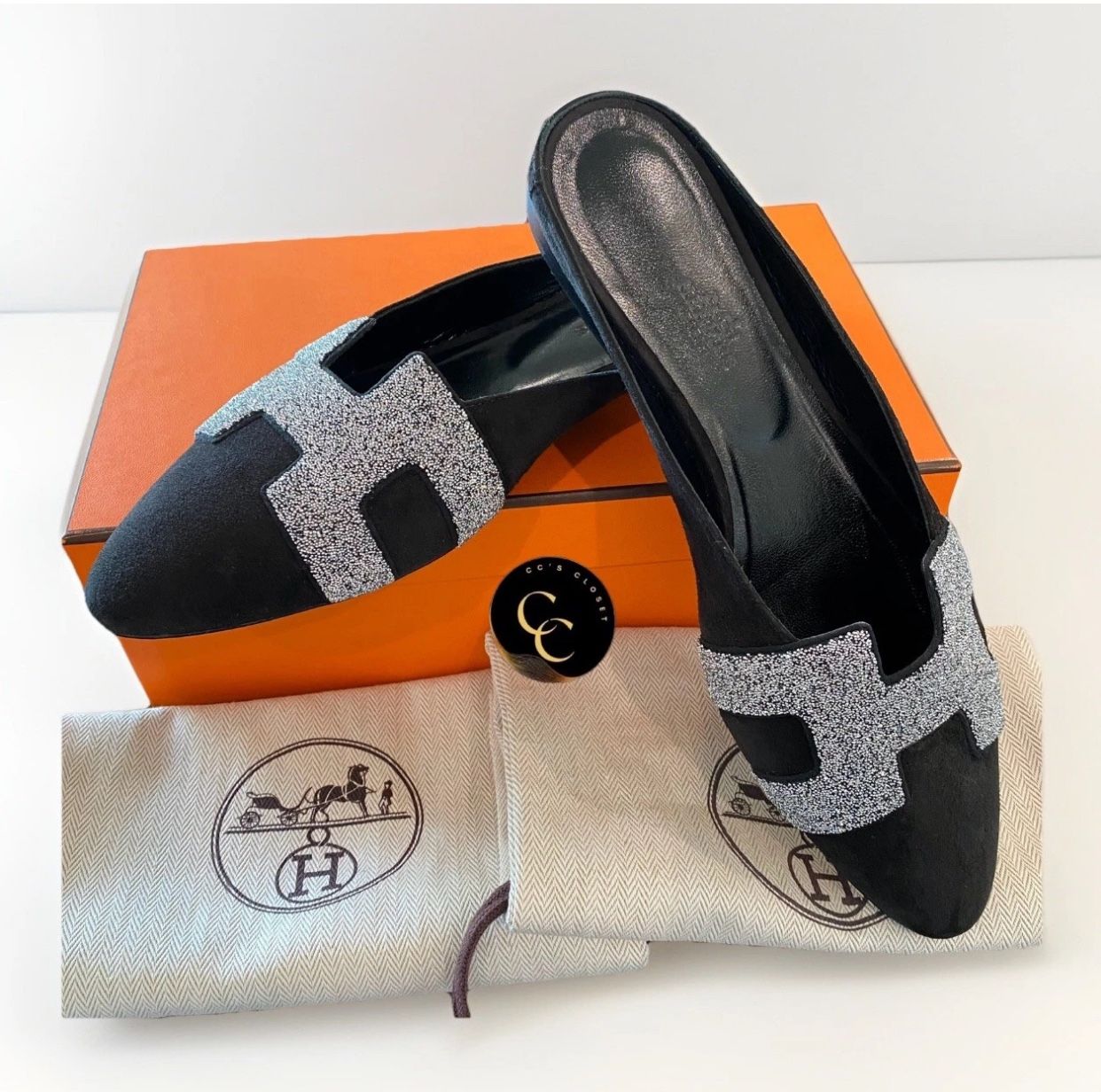 Hermes Roxane Mules in Black Suede and Silver Crystal Embellishment EU Size 39