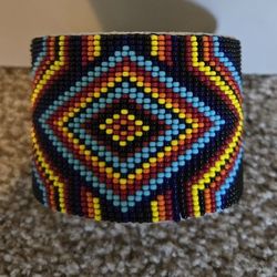 Multicolor Mexicine Man's Eye Beadwork Cuff Leather  Bracelet 