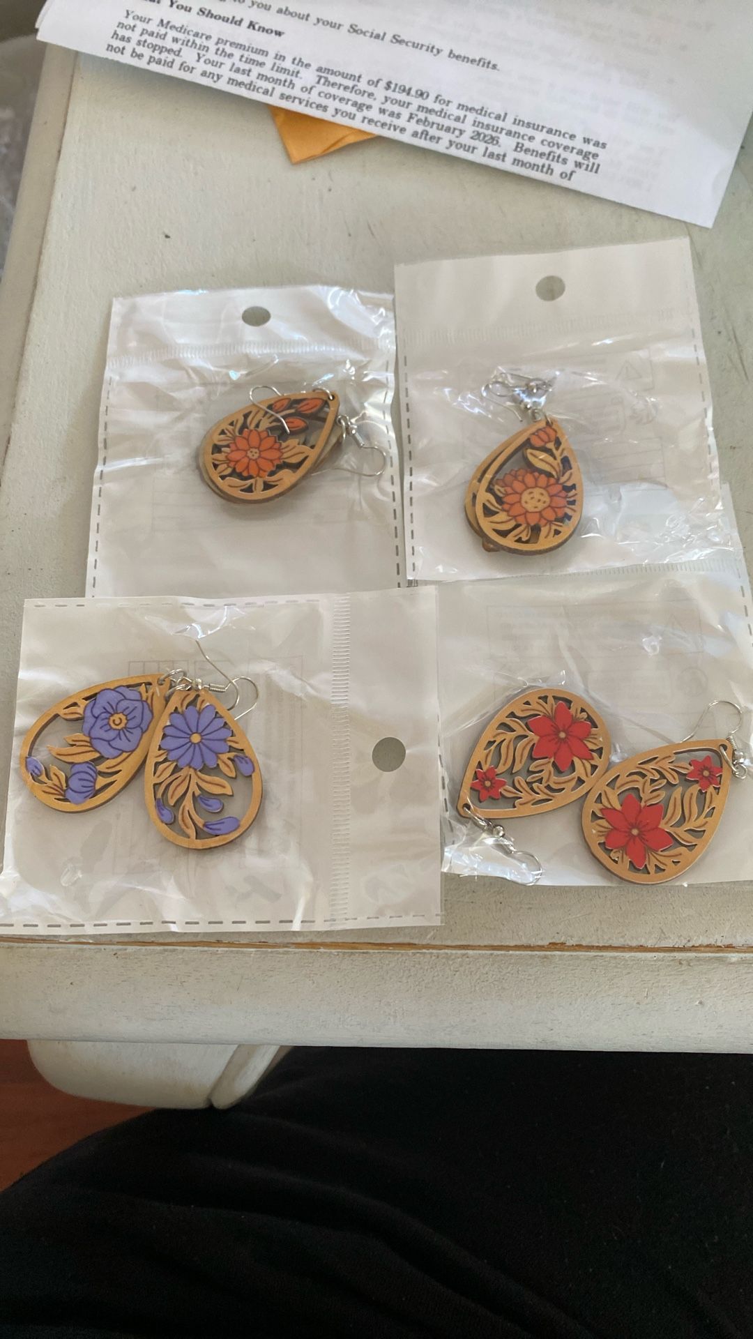 Lot Of Four Pairs Of Wooden Floral Colorful Spring Earrings