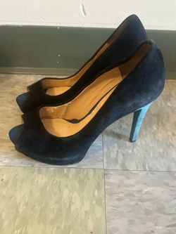 Navy Blue Suede Peep-Toe Platform Heels 37