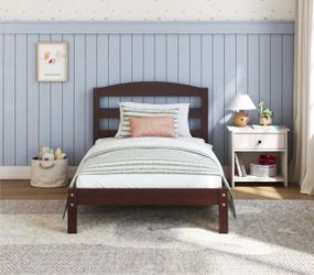 Kids Twin Size Bed, Wood Platform Bed Frame, Espresso