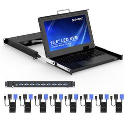 MT-VIKI Rack Mount KVM, 8 Port VGA KVM Switch w/15.6'' LCD Monitor, 1080P, Mount into 23.6-31.5'' deep Server Cabinet, Integrated Touchpad+Keyboard+8 