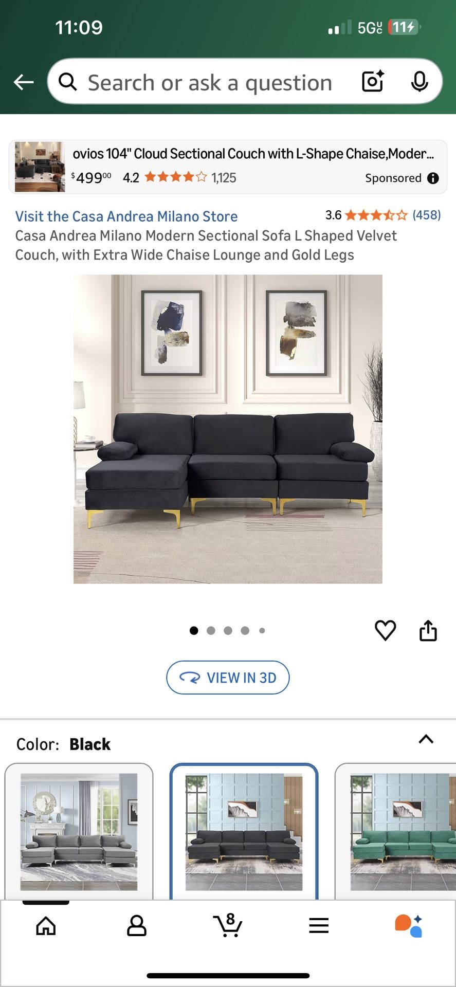 Casa Andrea Milano modern large velvet fabric sectional sofa with extra wide chaise lounge with golden legs