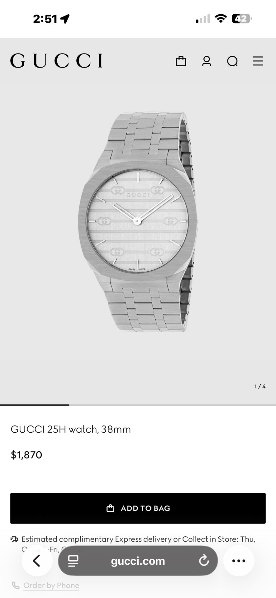 GUCCI 25H watch, 38mm