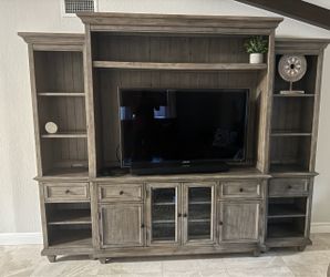 Large Gray Wood Entertainment Center / Wall Unit with Storage & Bookshelves