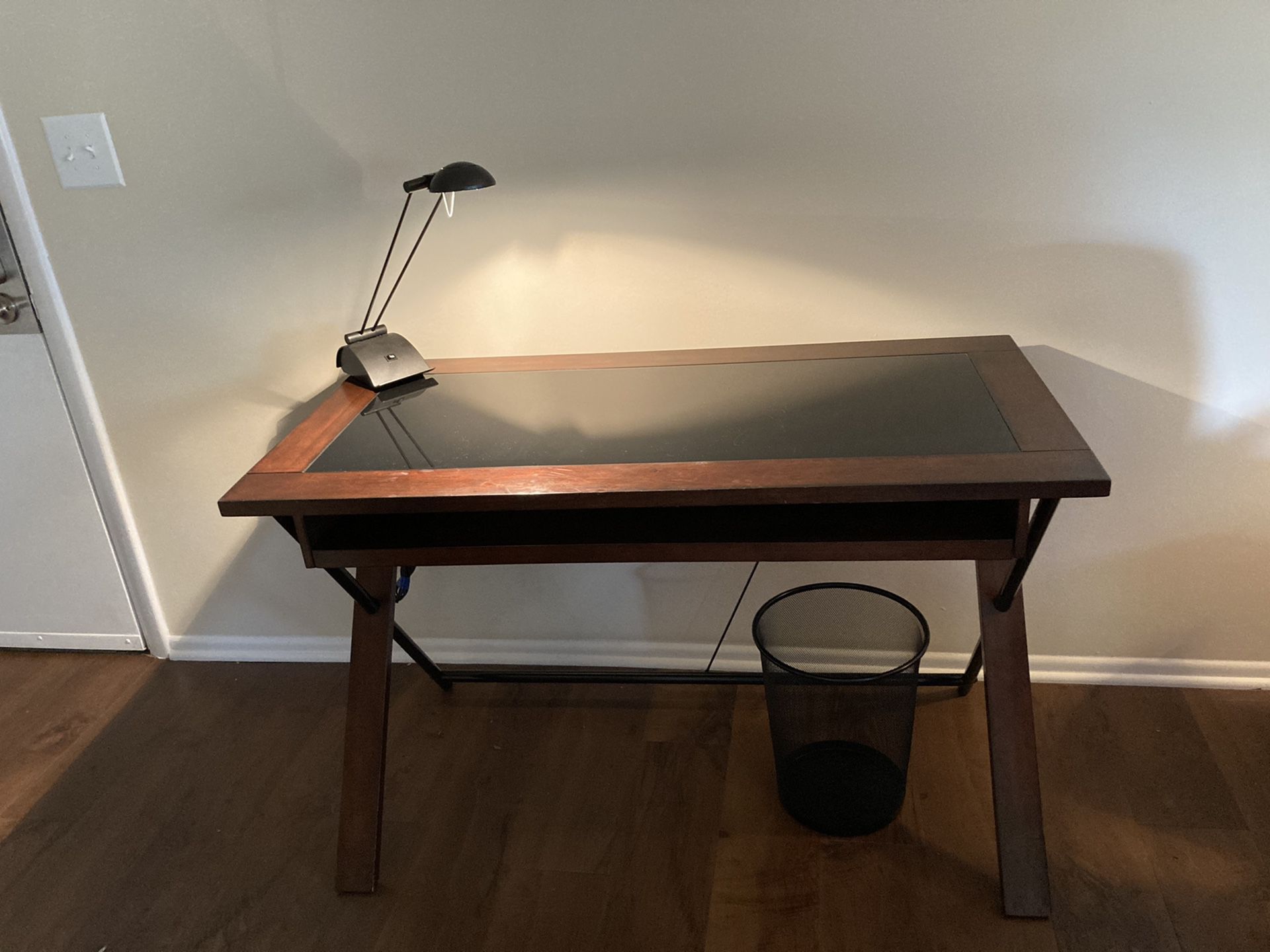 Glass-Top Dark Wood Desk with Storage Drawer