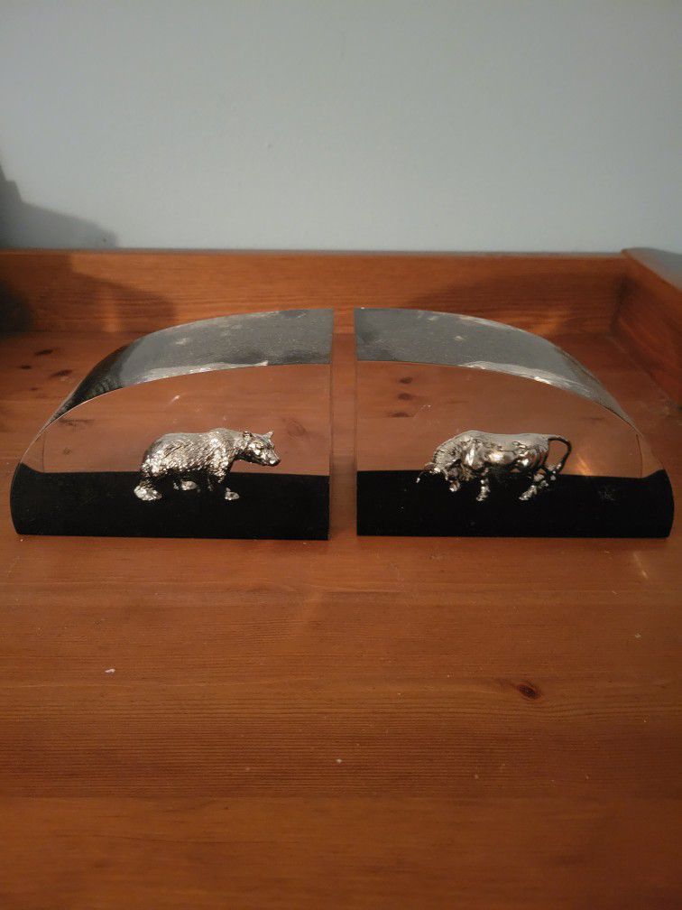 Vintage Lucite Bull And Bear Wall Street Bookends