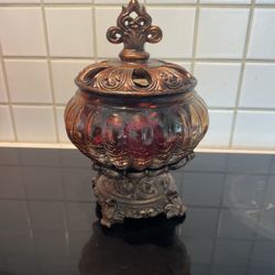 VTG decorative ornate crackle glass potpourri bowl resin lid & stand Amber color