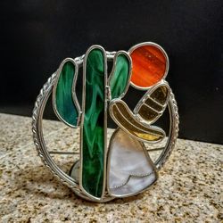 Southwest With Cactus Stained Glass Candle Holder 5.5” Tall X 4.75” Wide
