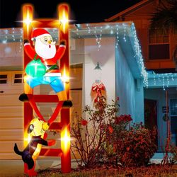 9 FT Hanging Christmas Inflatable Outdoor Decoration Inflatable Dog Bite Santa On Ladder Blow Up Yard Decorations Build-in LED Xmas Party Indoor Outdo