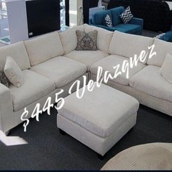 ✅️✅️️✅️4 pc Ivory   cordury fabric upholstered sectional sofa with ottoman✅️✅️