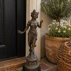Vintage Moody Metal Garden Lady Statue  French Decor Art Nouveau Style Female Figure Sculpture Heavy Collectible Cottage 