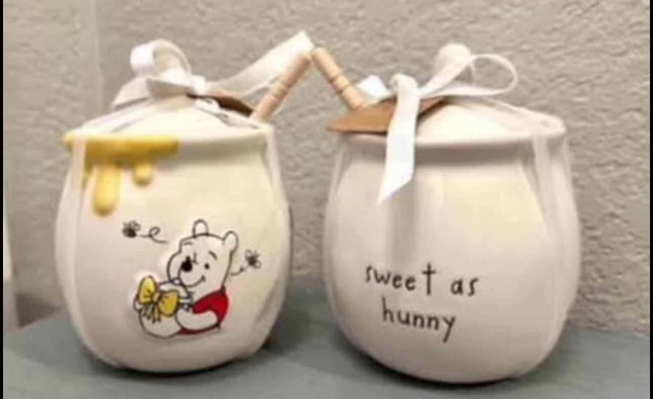 $20 each.. New Rae Dunn Disney Winnie-the-Pooh collection - doublesided SWEET AS HUNNY honey pot 🍯 . Please pickup in the area of 36th Ave and P